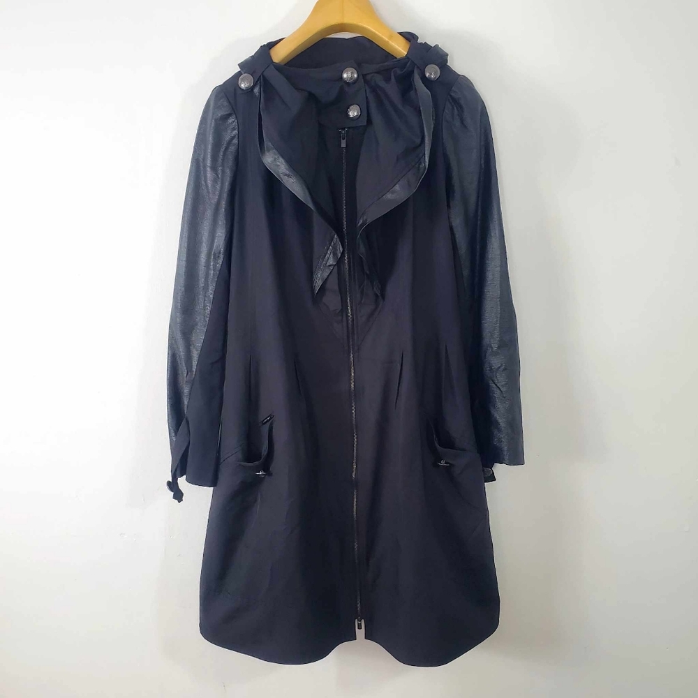 Lauren Vidal Black Hooded Coat with Faux Leather Sleeves and Button Detail